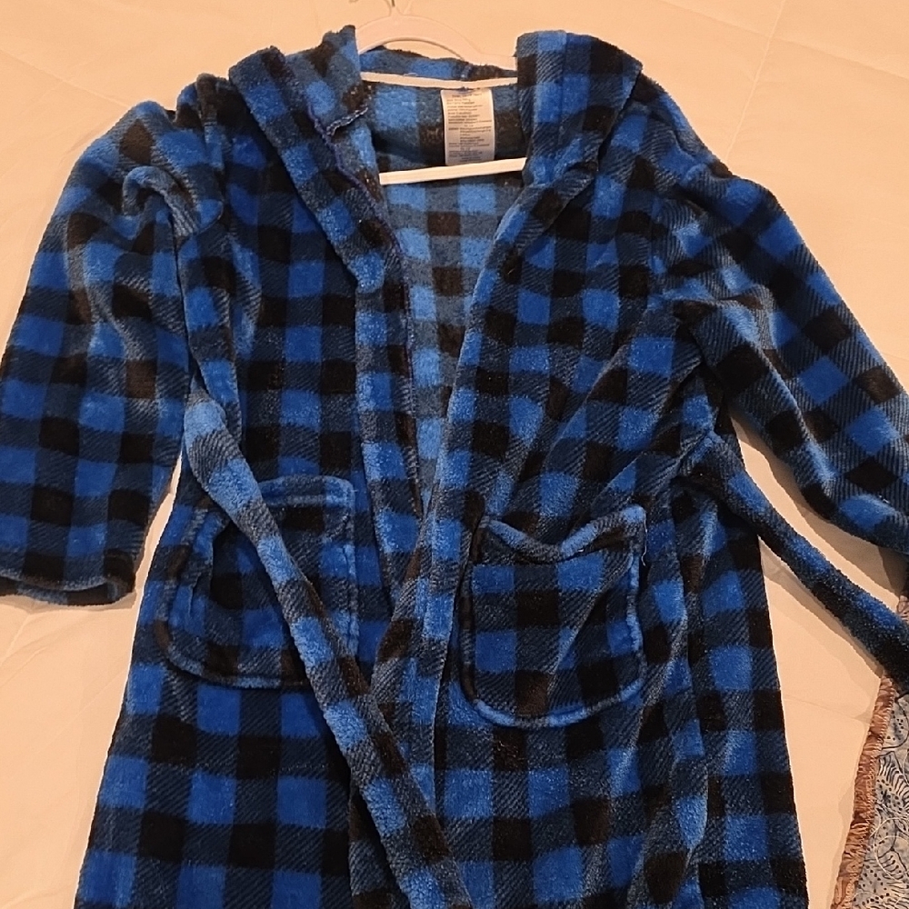 Blue and Black Plaid Hooded Robe